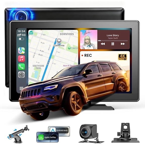 9" Wireless CarPlay Screen: 4K Dash Cam+1080P Backup Camera, Voice GPS, Mirror Link, Bluetooth/FM/AUX  for Truck SUV MPV RV