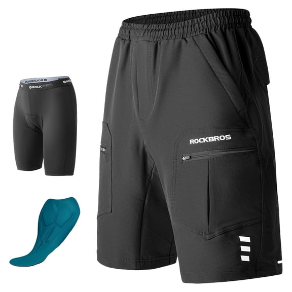 ROCKBROS Men's Mountain Bike Shorts,2-in-1 Detachable 4D Padded Lightweight Biking Shorts with Zipper Pocket, Black Size 3XL for MTB, Road & Mountain Cycling