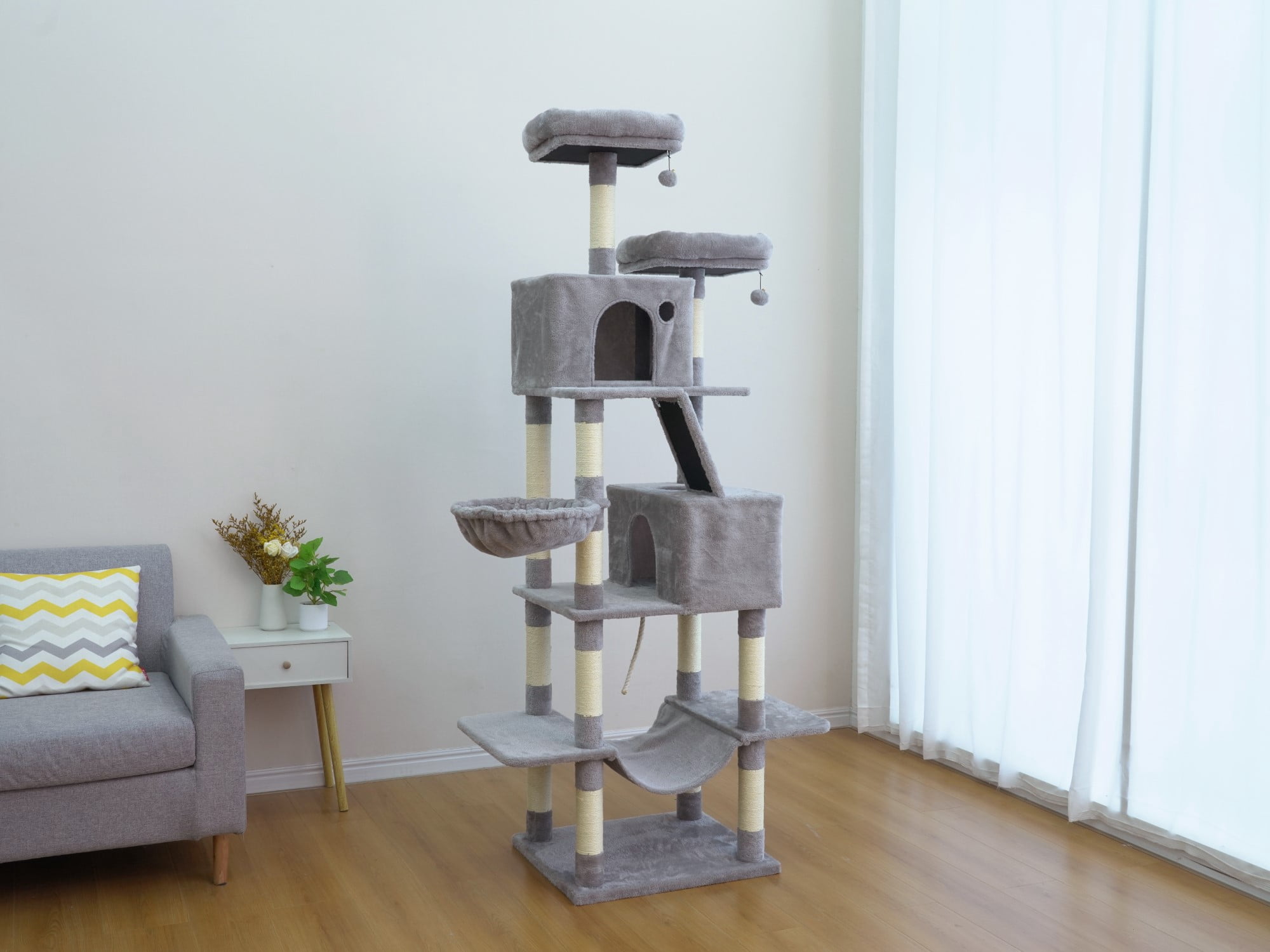Vibrant Life Heavy Duty 7-Level 81" Cat Tree with Two Condos and Hammock, Light Gray