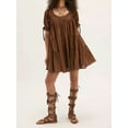 thumbnail image 6 of Dark Brown Babydoll Mini Dress For Women Summer Loose Bubble Short Sleeve Scoop Neck, 6 of 7