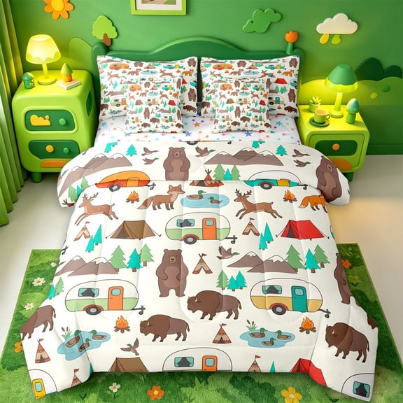 Catabedysis Cartoon Camping 7-Piece Twin Bedding,Wildlife Camper Print Bedding Comforter Set For Boys,Multicolor,Colorful Stars Reversible
