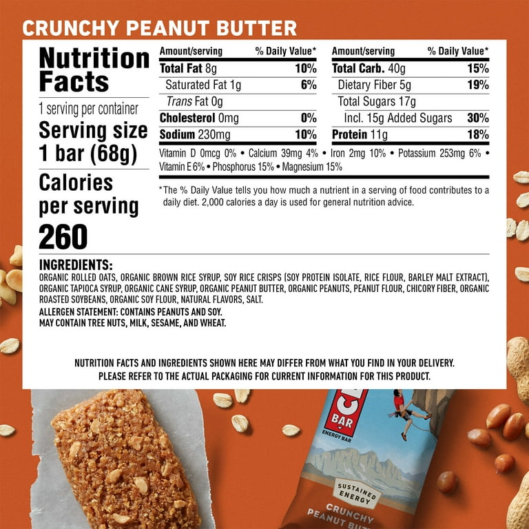 CLIF BAR - Crunchy Peanut Butter - Made with Organic Oats - 11g Protein -  Non-GMO - Plant Based - Energy Bars - 2.4 oz. (6 Pack)