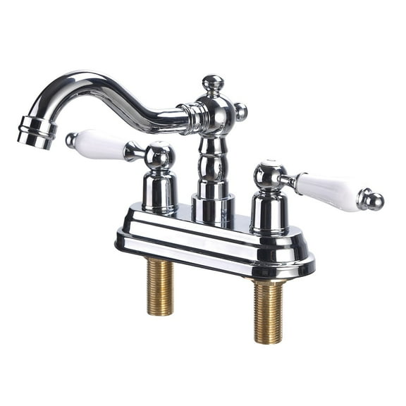 Chrome Polished Heavy Duty Brass Centerset Bathroom Sink Faucet 4" L Lux Belle Style White Double Handles Labeled Hot and Cold Accent Vanity Faucets with Supply Lines Renovators Supply Manufacturing