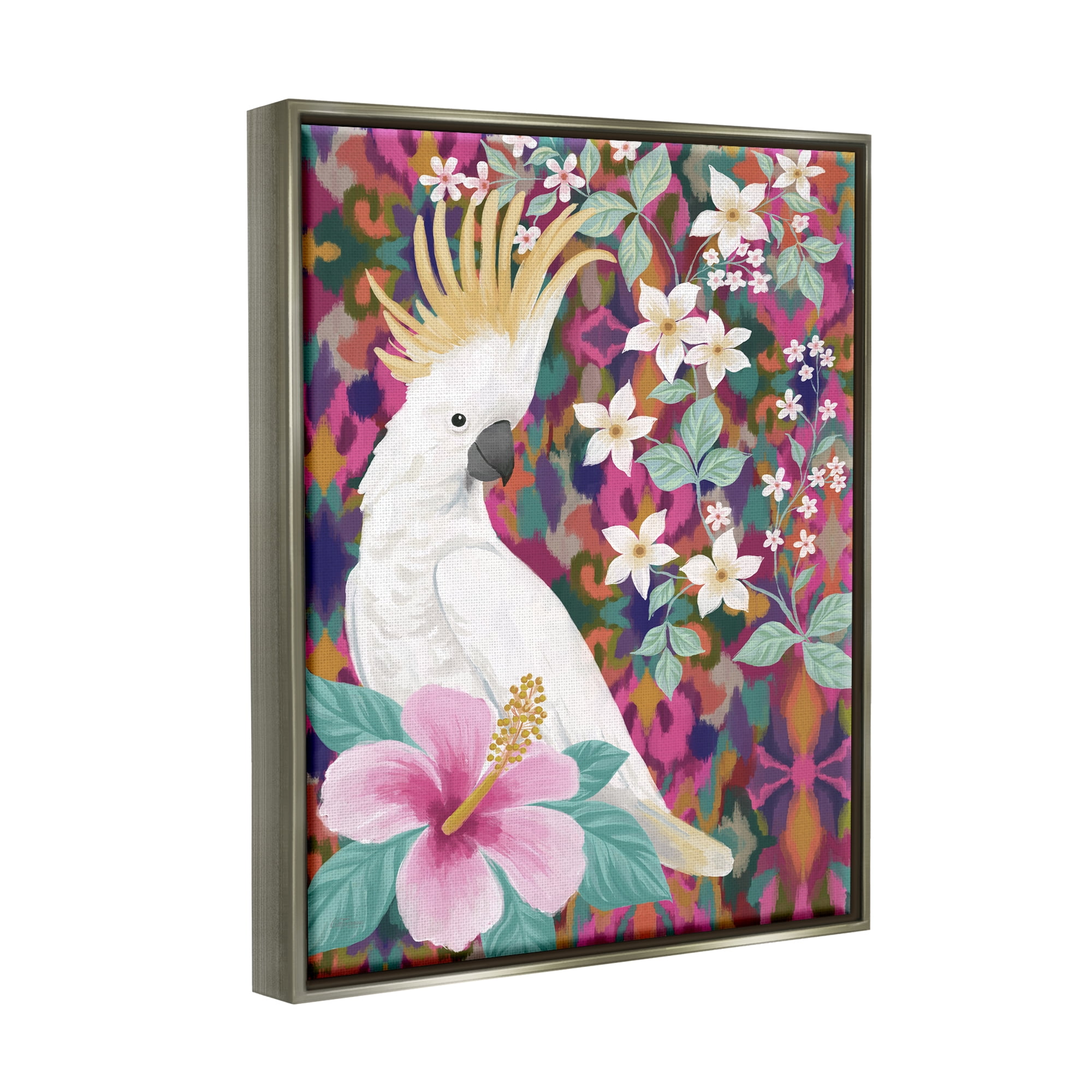 Stupell Industries Cockatoo with Floral Hibiscus Animals & Insects Painting Gray Floater Framed Canvas Art Print Wall Art, 17 x 21