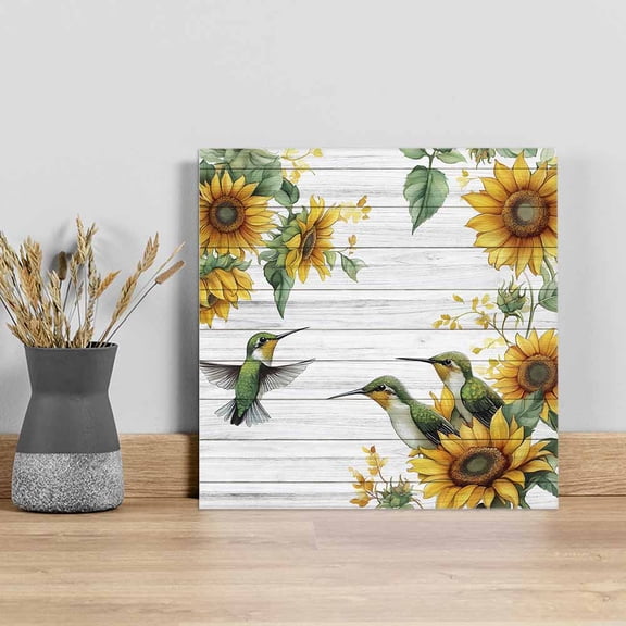 Sunflower Wall Art Painting on Canvas, Hummingbird Summer Botanical Wooden Canvas Art Home Prints Wall Art Framed Modern Artwork for Living Room Bedroom Wall Decor 8x8in