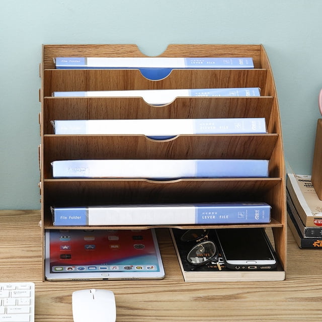 Estante de archivos de madera en forma de abanico, estante de archivos de escritorio, marco de almacenamiento de suministros de oficina, estantería de datos A4 de varias capas
