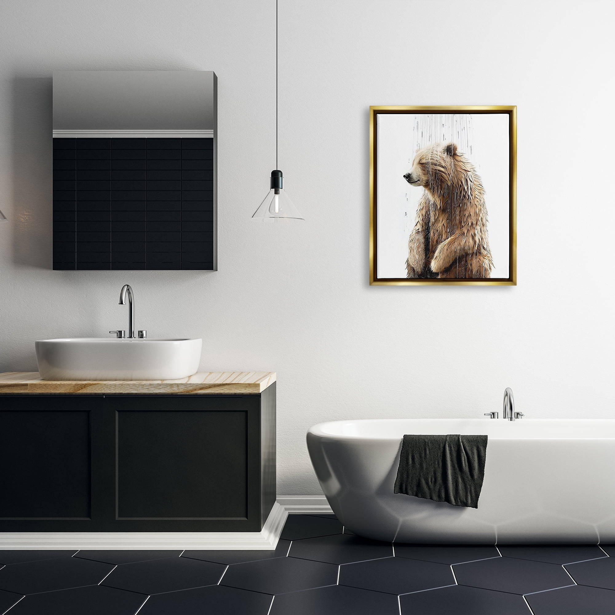 Stupell Industries Bear Shower Splash Animals & Insects Painting Gold Floater Framed Canvas Art Print Wall Art, 25 x 31