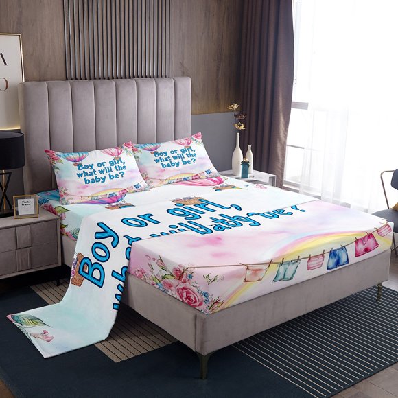 Erosebridal Gender Reveal Bed Sheets Set Twin Size, Pink Floral Clouds Bed Sheets Twin, Rainbow Decor, 3pcs