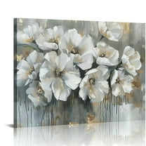 ARISTURING Abstract Floral Canvas Wall Art: White Lily Painting Blossom Flower Picture Contemporary Gold Foil Painted Artwork Botanical Print for Modern Bathroom Bedroom Living Room