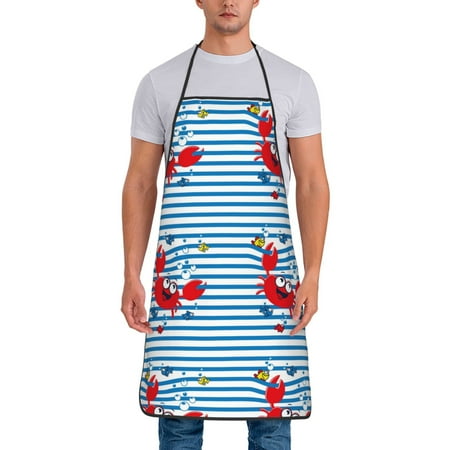 

Jgfou Red Funny Crab on Blue Stripe Print Anti-fouling Apron for Men Women Waterproof Oil-Proof Kitchen Apron with Adjustable Straps Pocket and No-Pill No-Fade Fabric