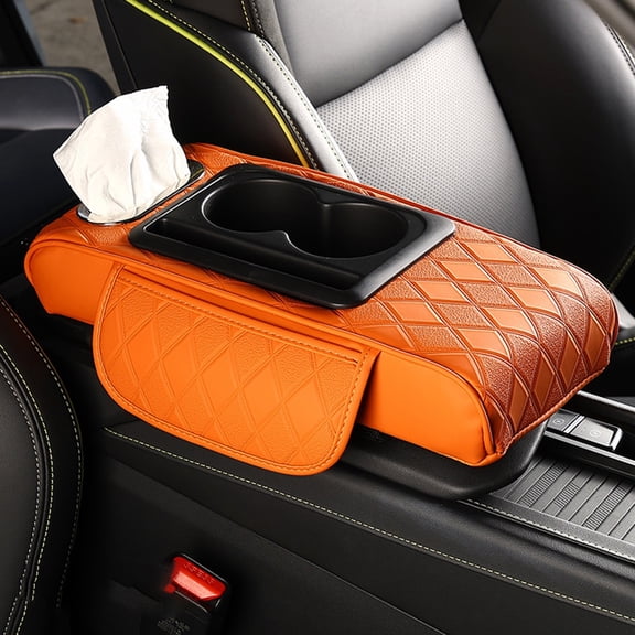 Car Center Console Cover Leather Armrest Cover Cushion with Cup Holder, Phone Holder, Pocket, Car Tissue Holder Universal Car Armrest Seat Box Protector for Most Vehicle, Orange