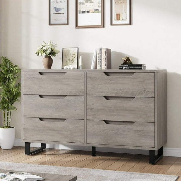 6 Dresser for Bedroom, 47.2" Wide Dresser, Freestanding Vertical Drawer Cabinet with Storage, Wooden Closet Storage Chest for Living Room, Hallway, Entryway, Ash Grey