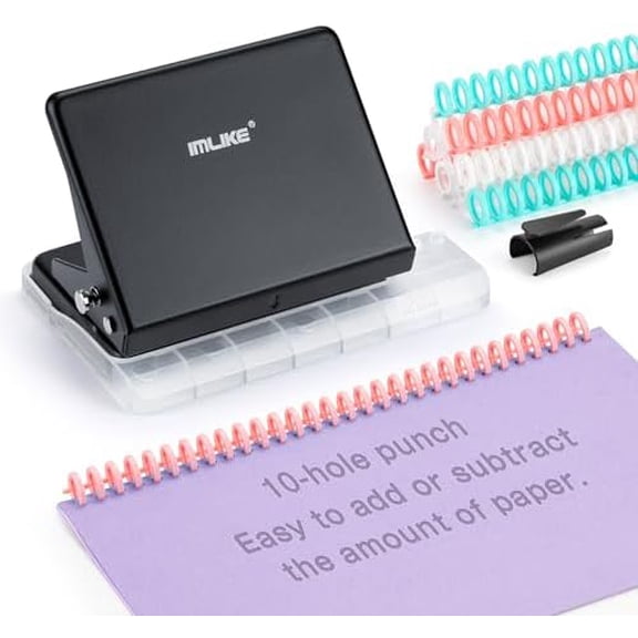 10-Hole Binding Machine for Planners - Metal Manual Binding System with 10 Multi-Color 30-Hole Loose Leaf Binding Spines - Punches 26 Holes on B5, 30 Holes on A4, 20 Holes on A5 Paper - Black$$