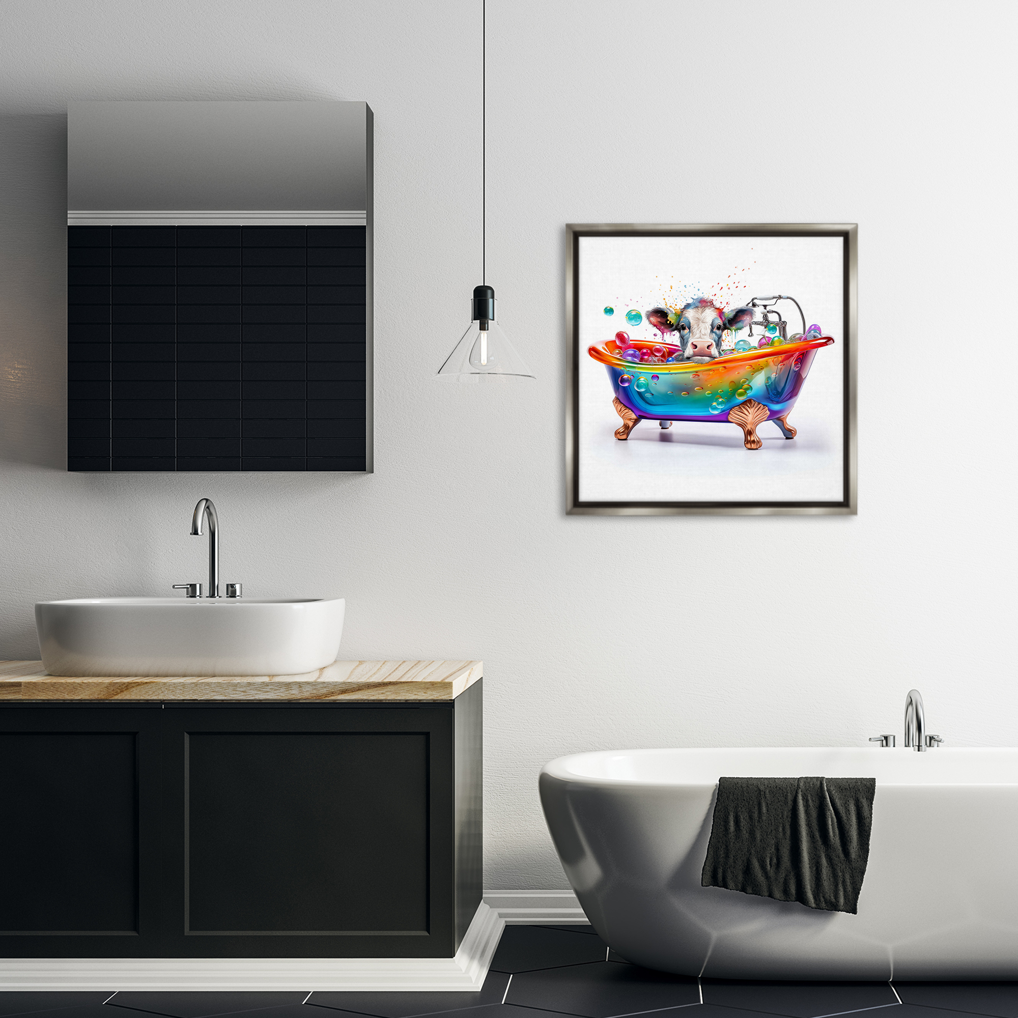 Stupell Industries Cow in Rainbow Bath Typography Painting Gray Floater Framed Canvas Art Print Wall Art, 25 x 25
