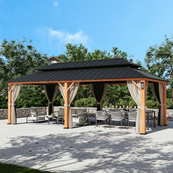 Modern Shade Horizon 12' x 24' Wood-Grain Hardtop Gazebo with LED Lights, Double Roof and Curtains