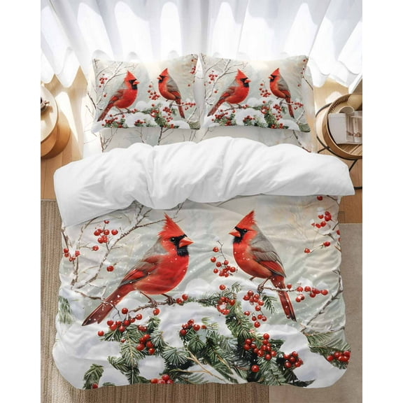 Winter Christmas Bedding Duvet Cover Set Twin Size 4 Pieces Cardinal Bird Red Berry Pine Leaves Bedding Set with Zipper Closure, 1 Comforter Cover 68x86 Inches 1 Flat Sheet & 2 Pillow Cases