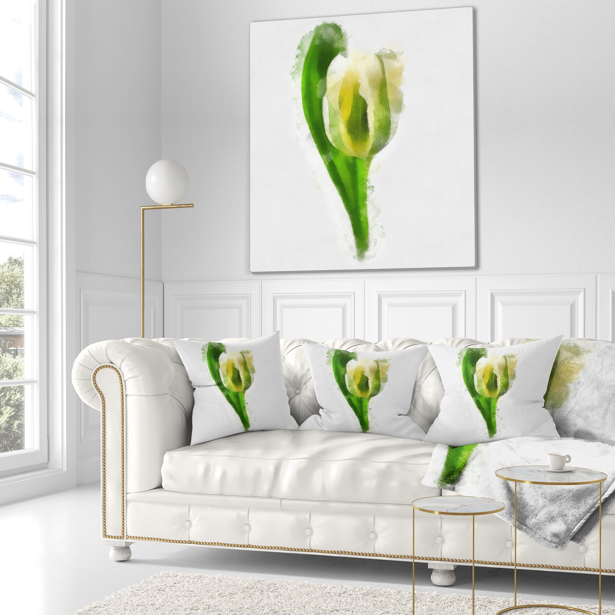 Designart White Tulip with Green Leaves - Floral Throw Pillow - 16x16