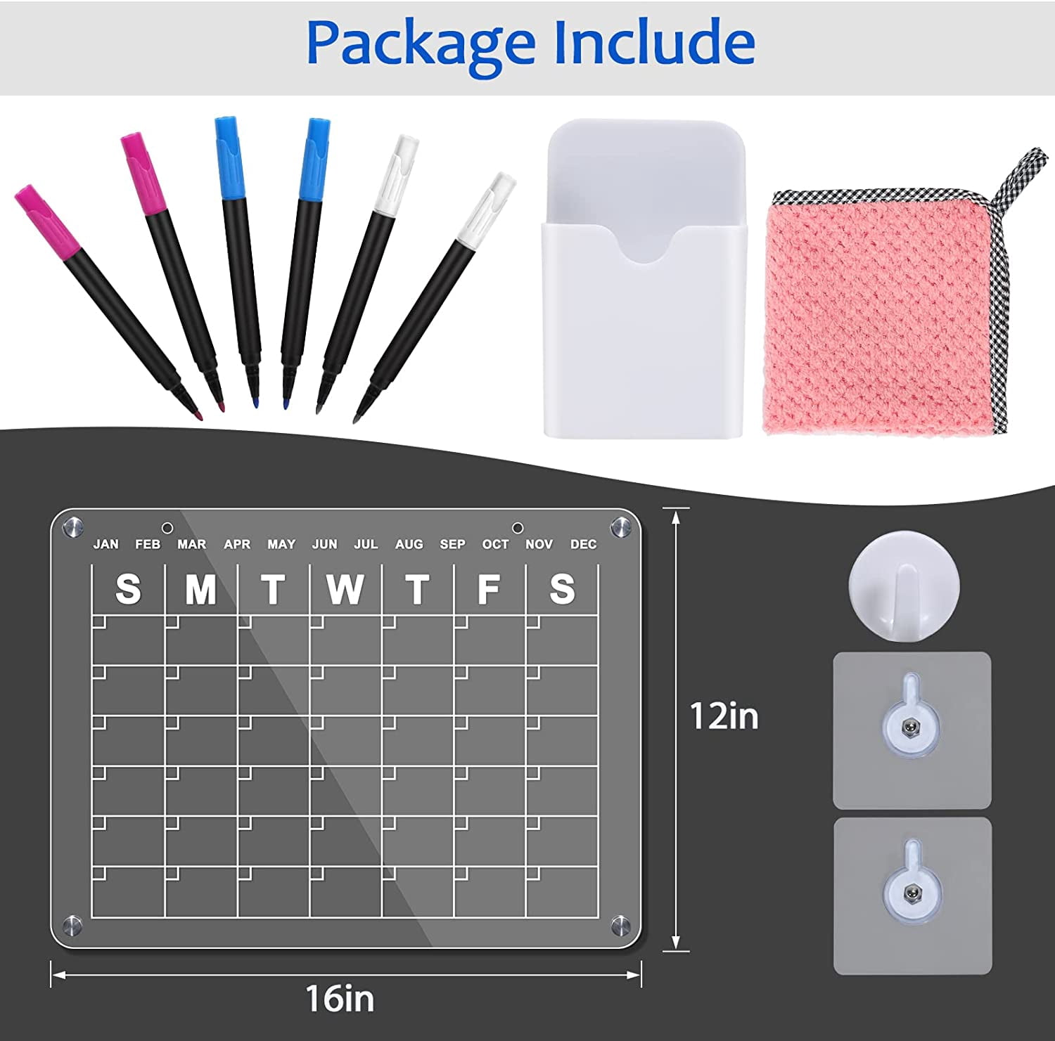 Monthly Planner Acrylic Magnetic Dry Erase Board, Adhesive Board with 6 Pens
