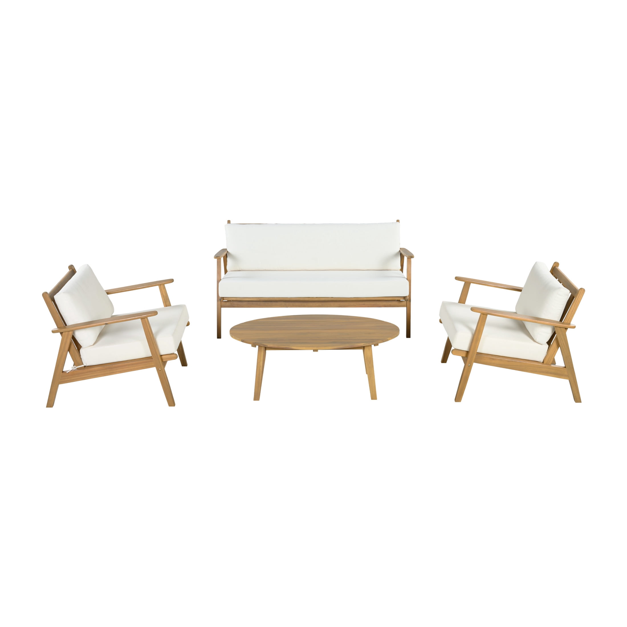 Christopher Knight Home 4-Piece Wood Patio Conversation Set with Loveseat, Chairs & Table, Light Teak+Beige