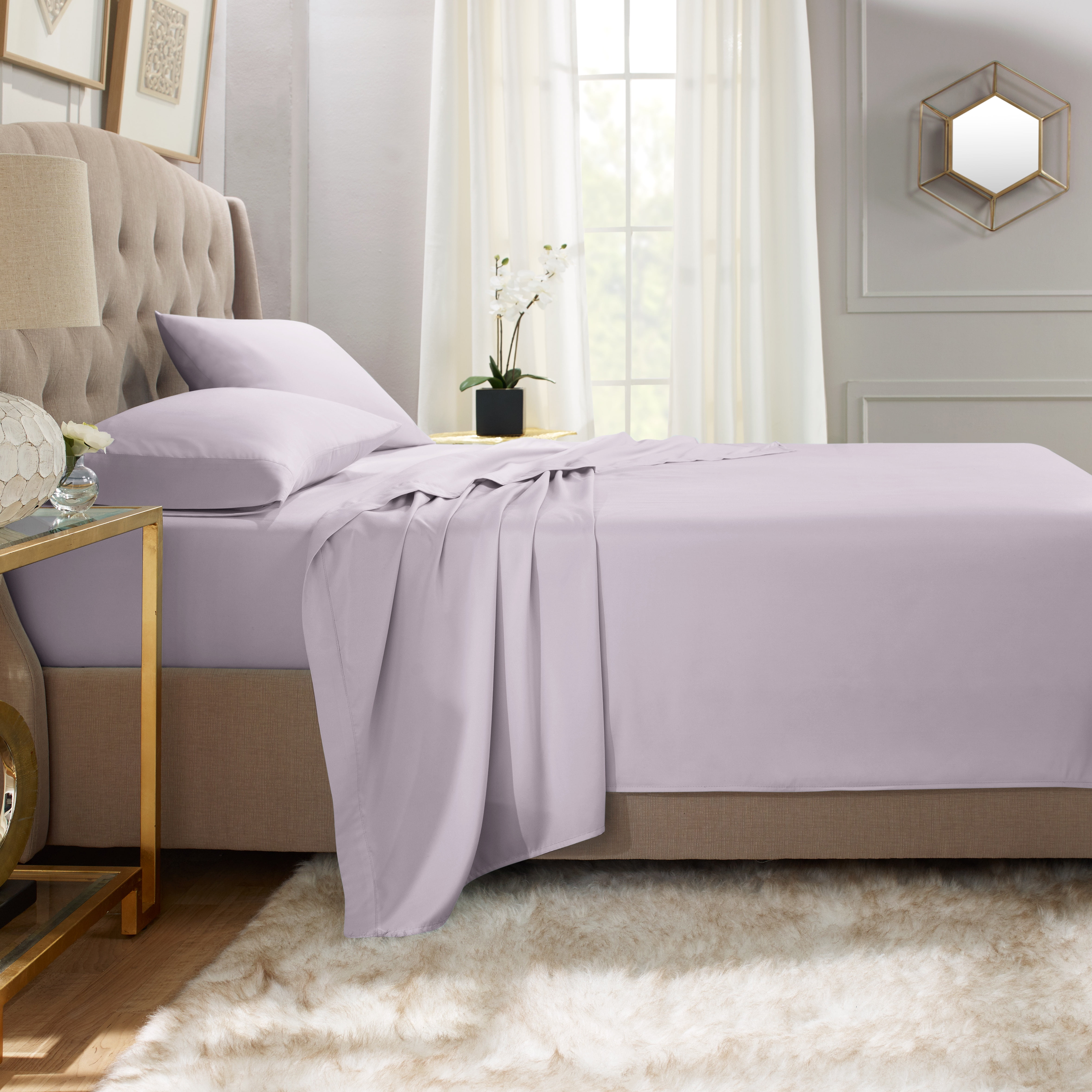 Hearth & Harbor Deep Pocket 4 Piece Solid Bed Sheet Set, 1800 Thread Count Microfiber Sheets, Queen, Gray Lavender