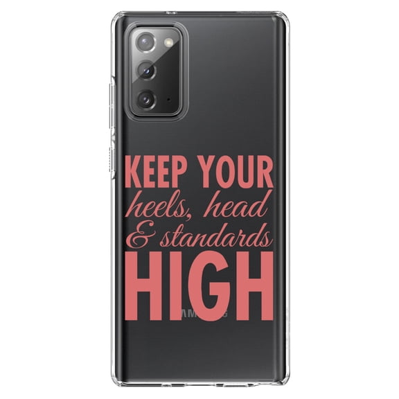 DistinctInk Clear Shockproof Hybrid Case for Samsung Galaxy Note 20 (6.7" Screen) - TPU Bumper Acrylic Back Tempered Glass Screen Protector - Keep Your Heels Head & Standards high