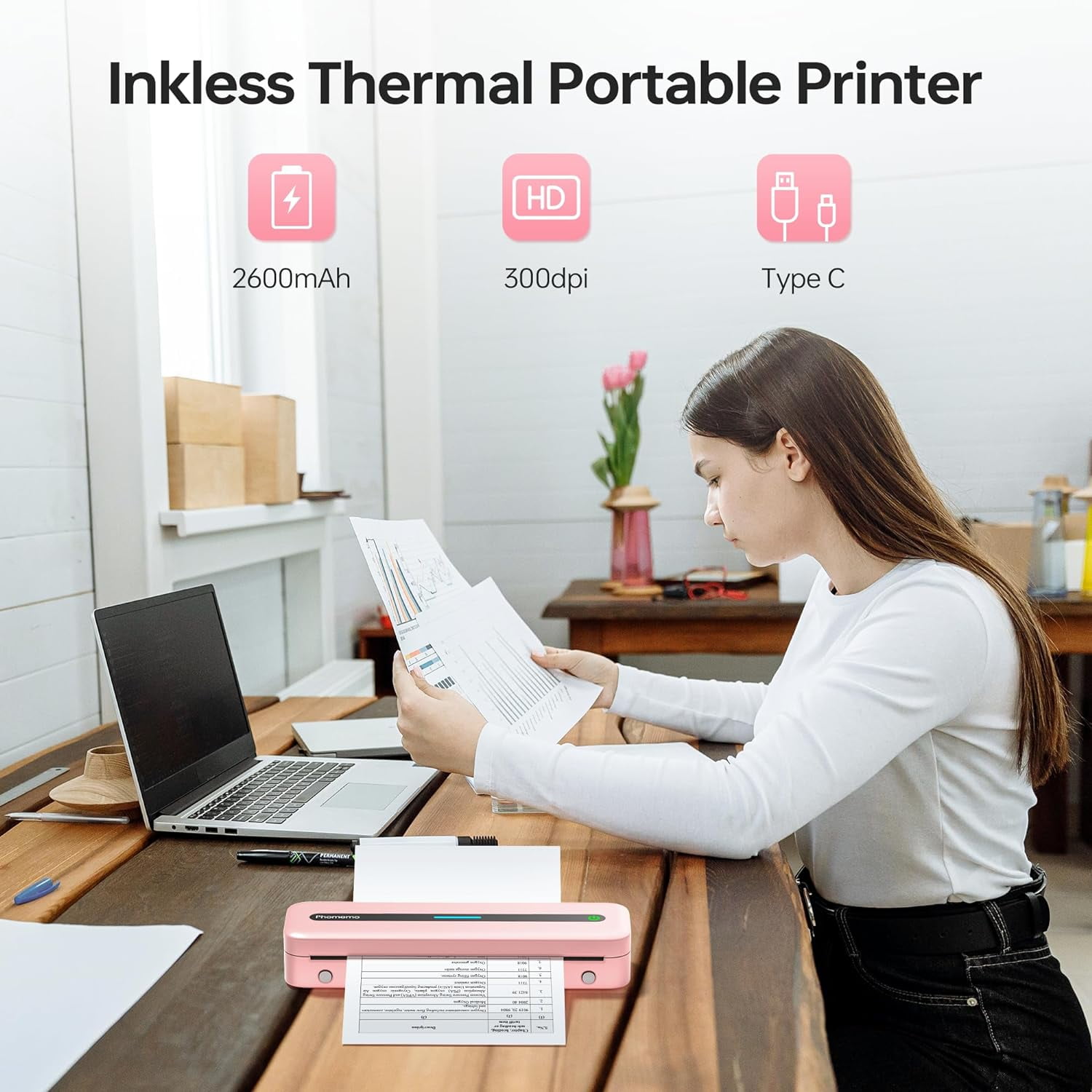 Phomemo Portable Printers Wireless, M832 Bluetooth Thermal Printer, Inkless Mobile Printer Support 8.5'' x 11'' & A4 Thermal Paper, Compatible with iPhone Android Laptop for Office Car Home Pink