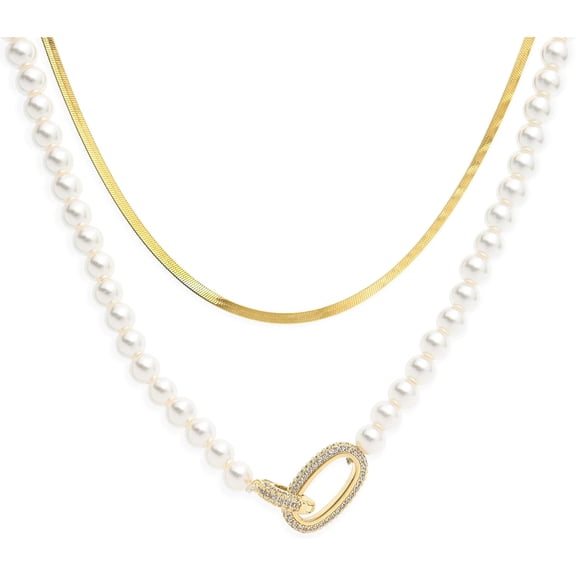 Pearl Layered Necklace Set for Women, Simple 2PCS Dainty 14K Gold Snake Choker Stack Rhinestone Interlock Necklaces Wedding Prom Fashion Jewelry Gift