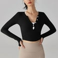 thumbnail image 6 of JGGSPWM Women's Workout Shirt Sexy Cutout Irregular V-Neck Long Sleeve Crop Top Slim Fit Athletic with Thumb Hole Trendy Base Layer Black S, 6 of 6