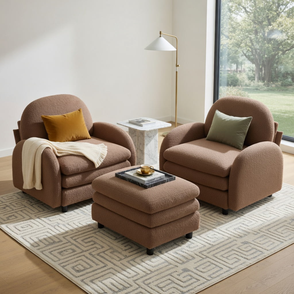 Hommoo Teddy Fleece 2-Seat Modular Loveseat Sofa with Movable Ottoman, Cloud-Like Double-Layer Cushions & Curved Lumbar Support, Camel