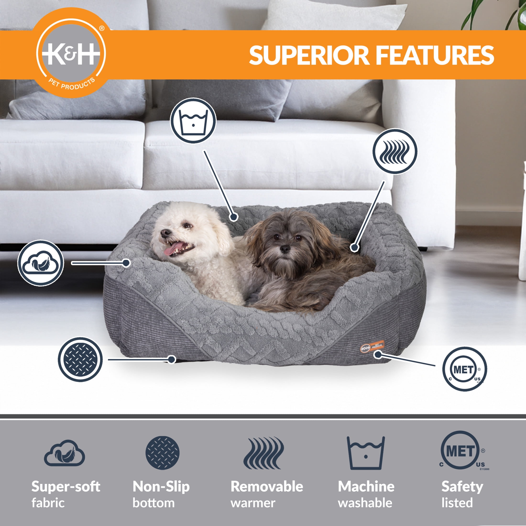 K&H Pet Products Thermo-Pet Lounge Sleeper Heated Cat & Dog Bed Gray Medium 30.5 X 24.5 X 9 Inches