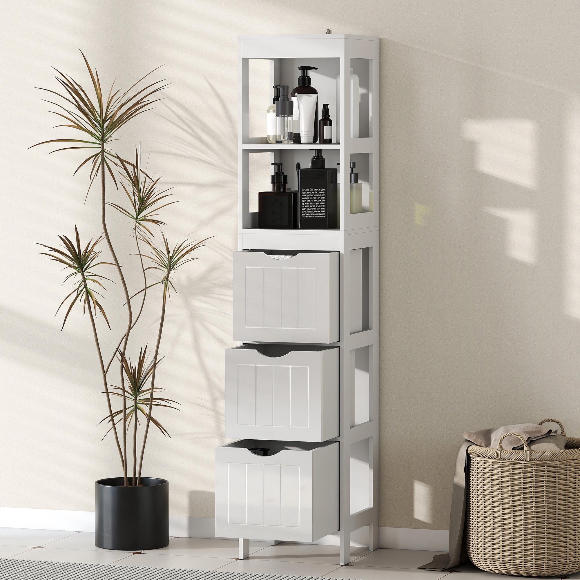 HOMCOM Narrow Bathroom Storage Cabinet, Bathroom Cabinet with 3 Drawers & 2 Open Shelves, Freestanding Slim Bathroom Floor Cabinet, White