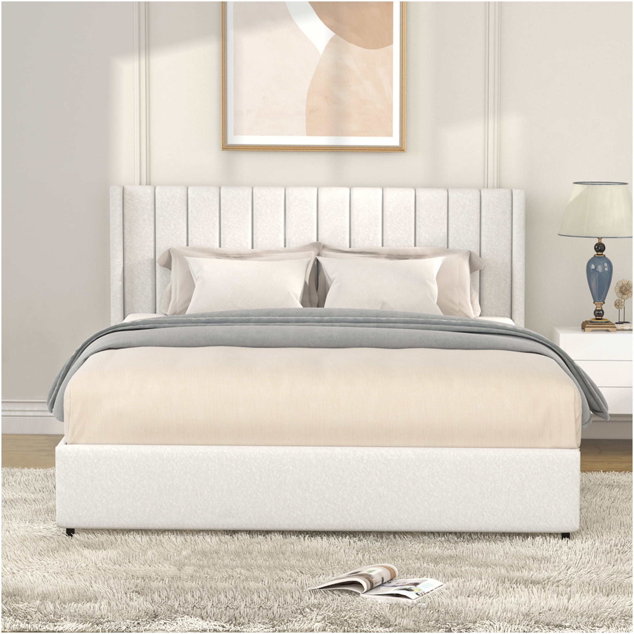 JERFIT Ivory Queen Size Upholstered Storage Bed Frame with 4 Large Drawers, Wingback Headboard Wood Slat Support, No Box Spring Needed