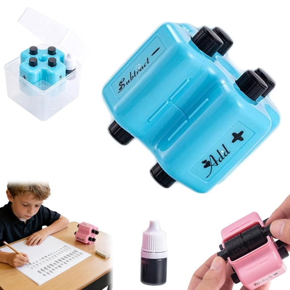 4 in 1 Math Stamp Roller, 4 in 1 Math Roller Stamp Set, Addition Subtraction Multiplication Division Practice Tool, Reusable Teaching Stamp with Ink for Classroom & Home Use