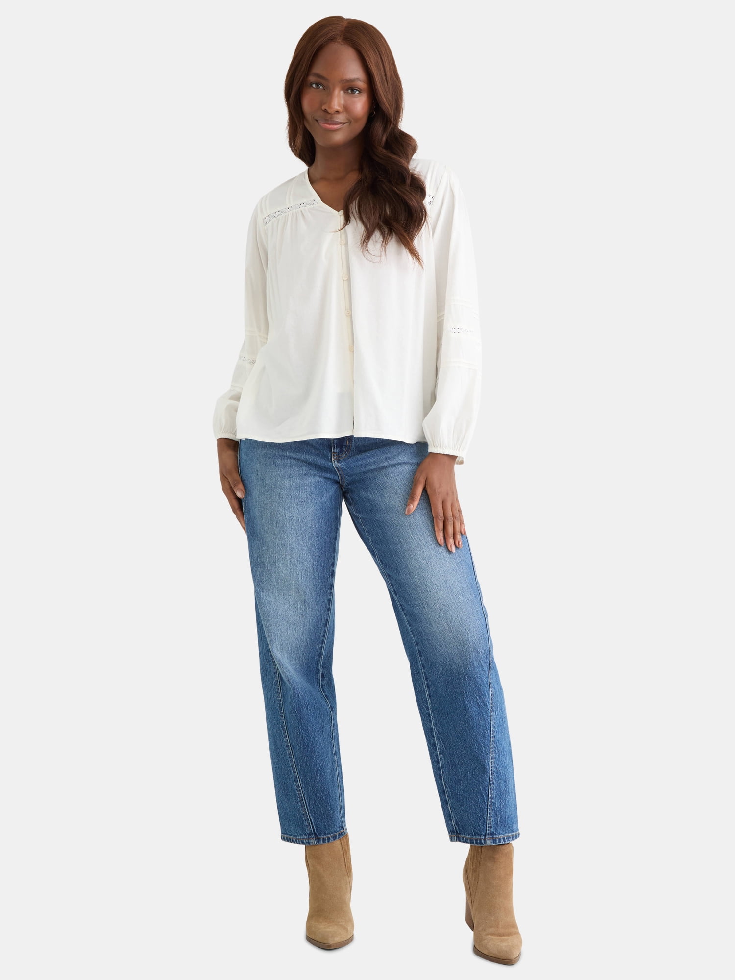 Time and Tru Women's Lace Inset Blouse with Long Sleeves, Sizes XS-XXXL