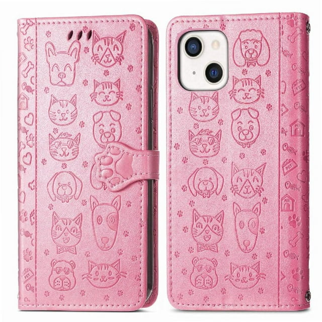 Funda Cartera FOXDOCK para iPhone 13 Mini , Flip PU con Relieve de Gatos y Perros, Tarjetero y Soporte