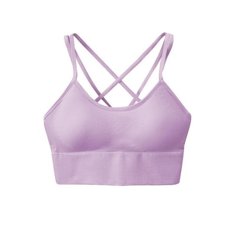 

Lovskoo Women Wireless Strappy Sports Bralette with Support Cross Back Smoother Bras Nude Lightly Lined Medium Support Yoga Padding Removable Cup Comfort Brassiere Purple