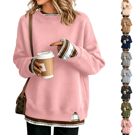Women Crewneck Sweatshirts Long Sleeve Loose Fit Fall Pullover Tops Side Slits Layered Drop Shoulder Chic Clothes Warm Soft Cozy Tunic Shirt