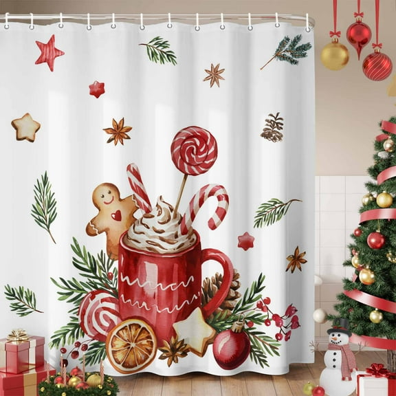 Christmas Gingerbread Shower Curtain, Winter Xmas Balls Candy Pine Leaf Waterproof Fabric Shower Curtains with 12 Hooks, Bathroom Curtain Set for Bathroom Accessories Decor, 60 x 72 Inches