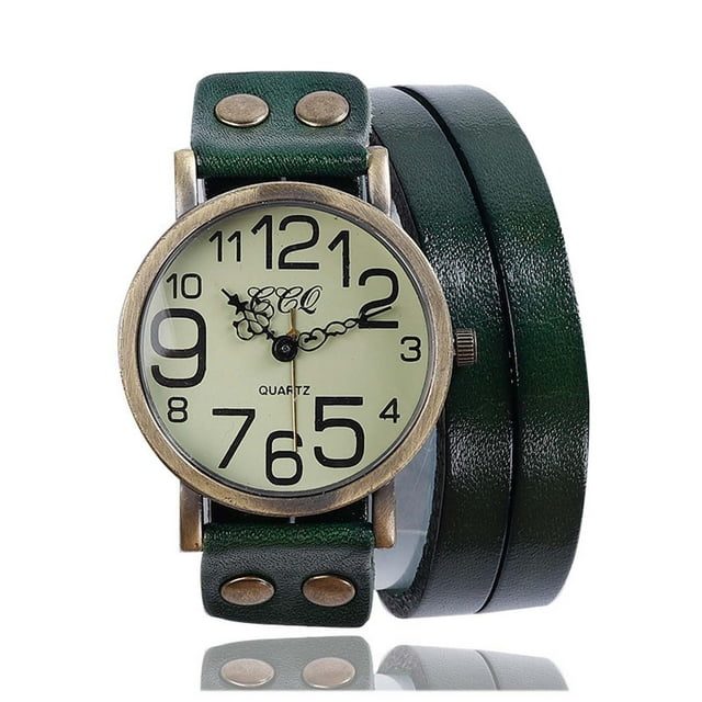 Reloj de pulsera de cuero de vaca verde vintage para hombres y mujeres, reloj de vestir de cuarzo con pulsera