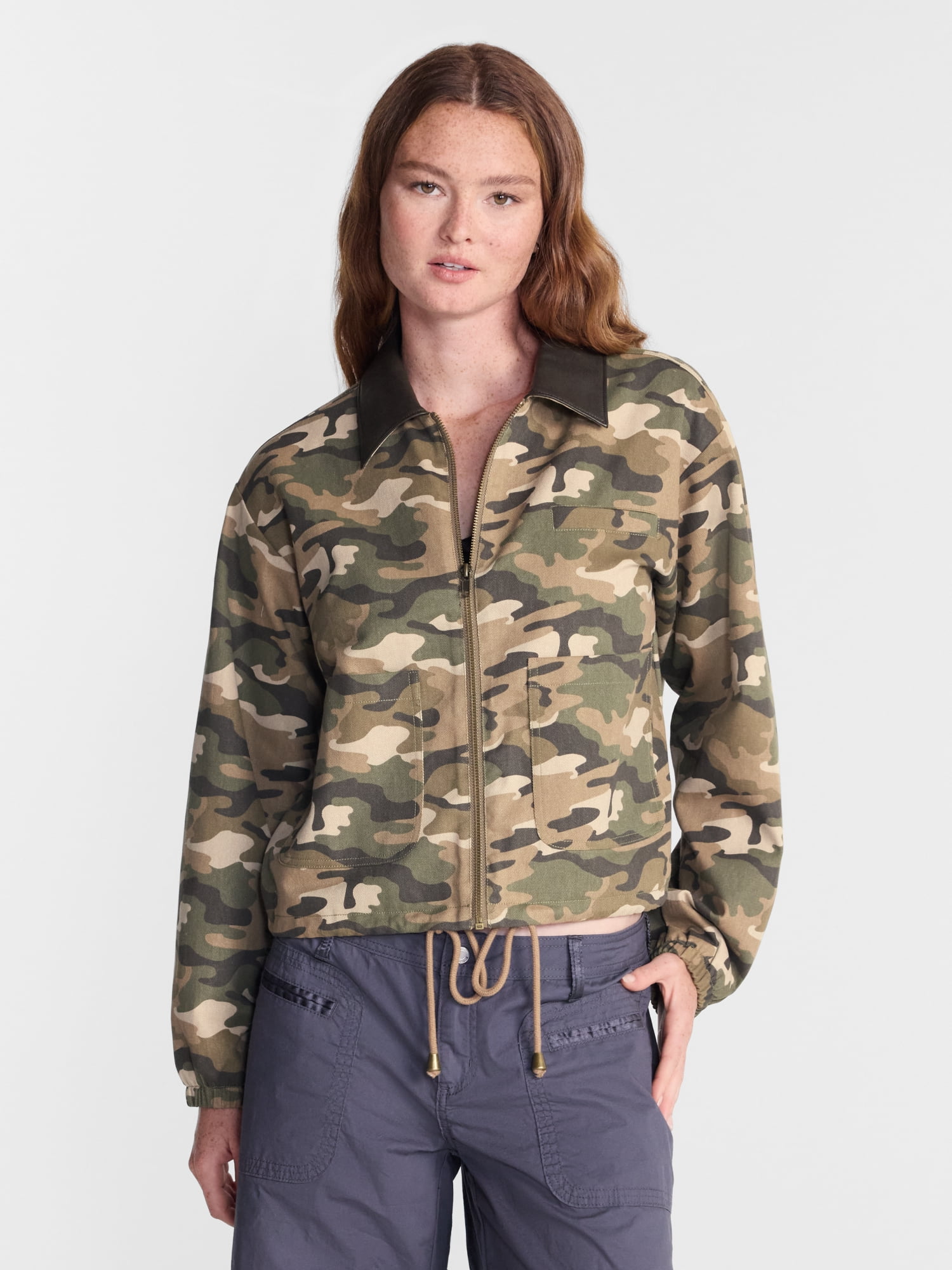No Boundaries Cotton Twill Barn Jacket with Faux Leather Collar, Women's XXS-4X