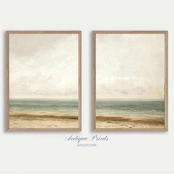 Neutral Seascape Coastal Beach Painting Vintage Wall Art Print Set 2 Unframed Paper Print 8x12