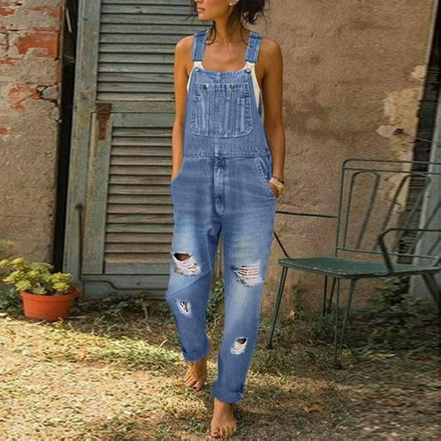 Women's Washed Denim Bib Jeans Overalls Casual Ripped Denim Jumpsuits Rompers-In Stock