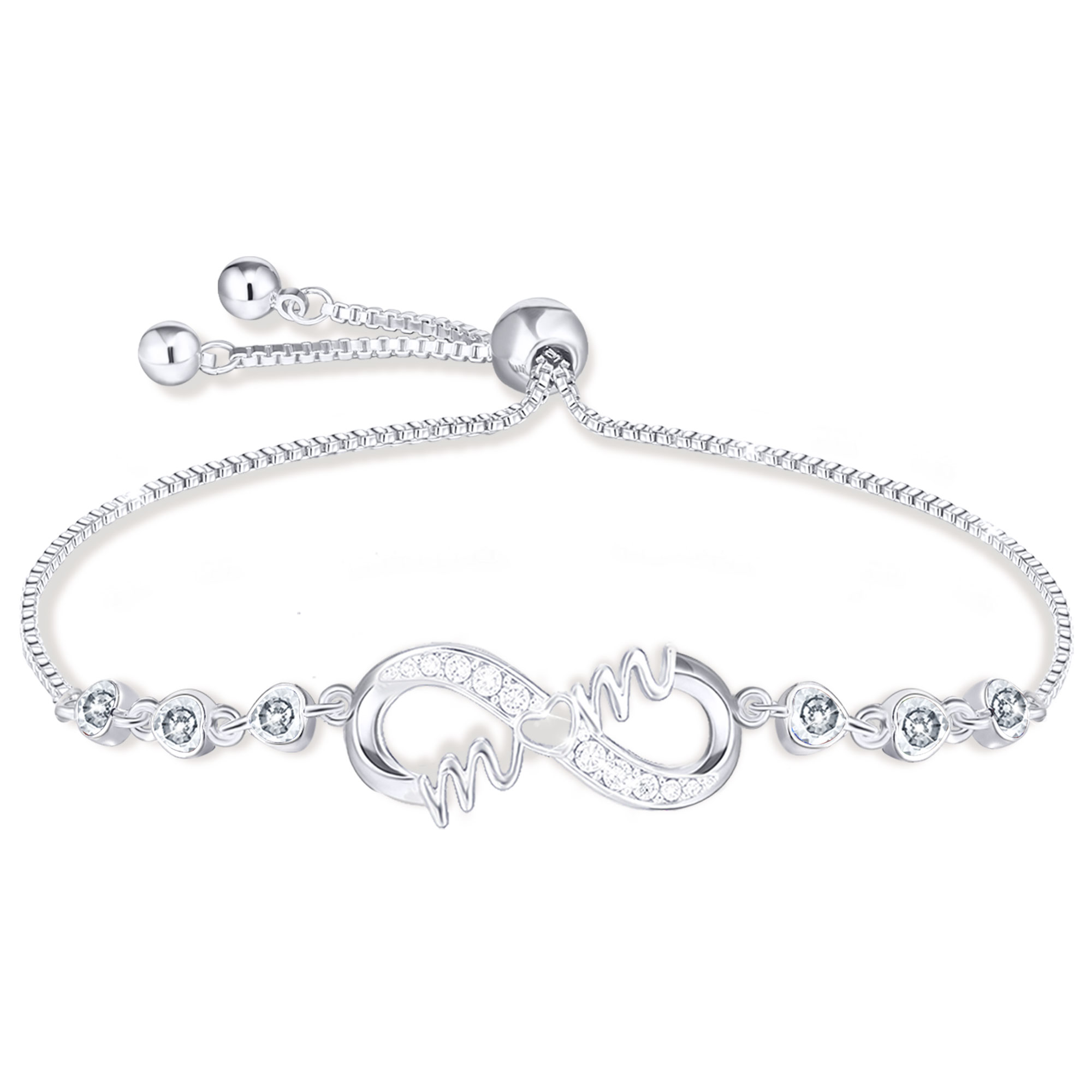 APSVO S925 Sterling Silver Plated Infinite Love Heart Mom Bracelets for Mom Mother Mama CZ April Birthstone Bracelet with CZ Crystal Birth Birthday Mother's Day Jewelry Gifts for Her