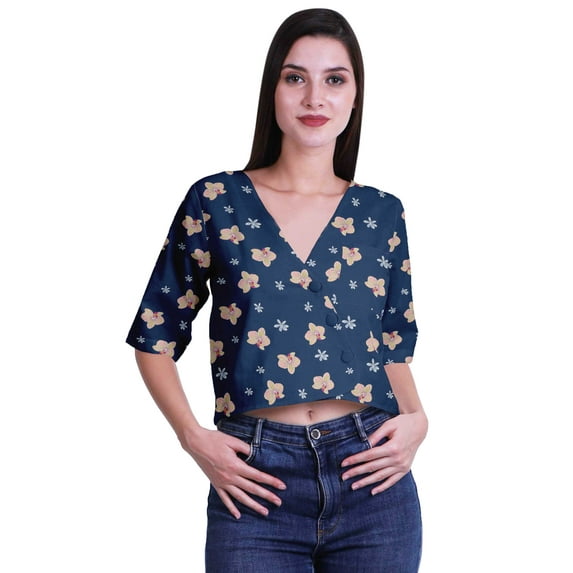 Moomaya Printed Cotton Top For Womens V-neck Crop Top Elbow Sleeve Summer Blouse T-shirt