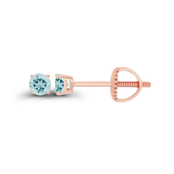 Decadence 14K Rose Gold Plated Sterling Silver 3mm Round Natural Aquamarine March Birthstone Screwback Stud Earrings
