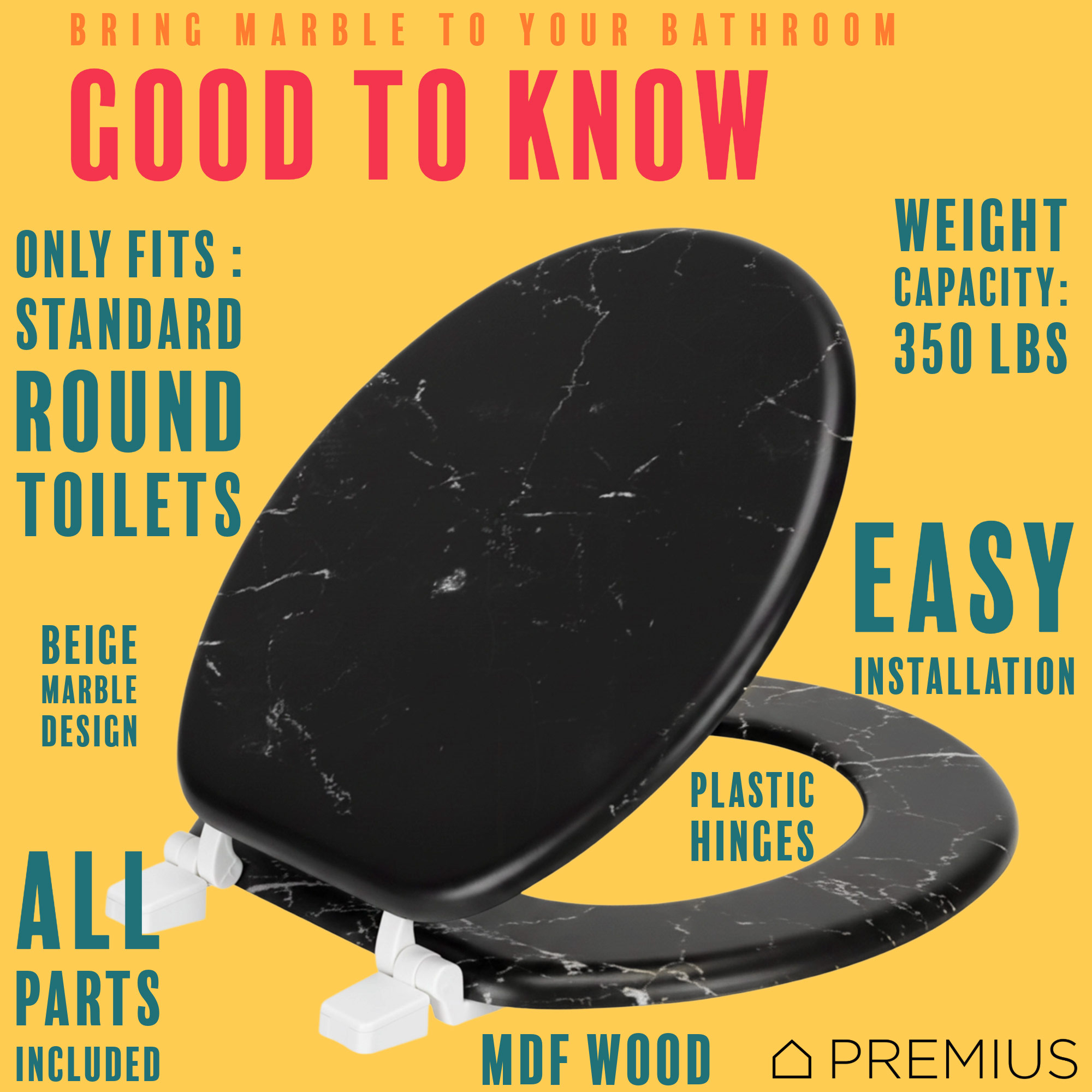PREMIUS Printed MDF Wood Round Toilet Seat with Plastic Hinges, Black Marble, Standard 17 Inches