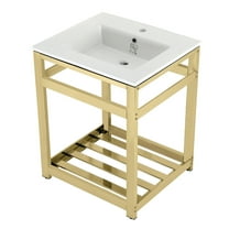 Kingston Brass VWP2522A2 Quadras 25" Ceramic Console Sink with Steel Base and Shelf (1-Hole), White/Polished Brass