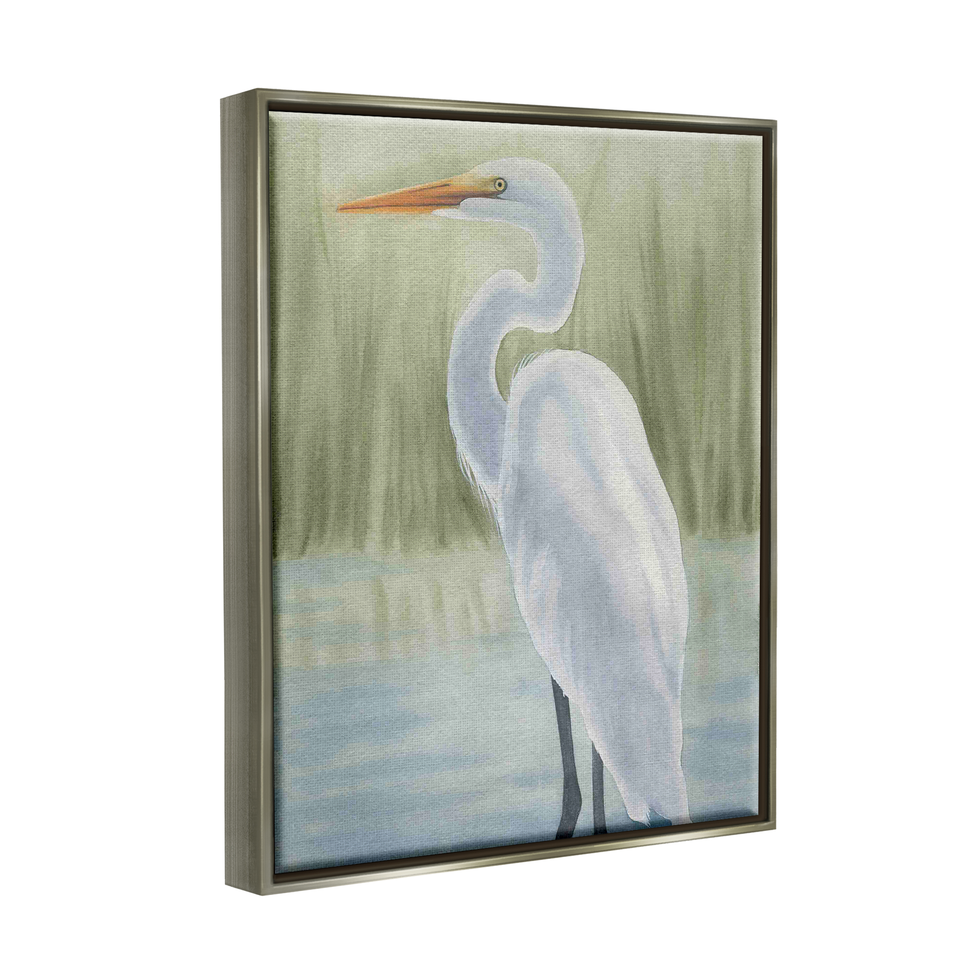 Stupell Industries Egret on Marsh Landscape Animals & Insects Painting Gray Floater Framed Art Print Wall Art, 17 x 21