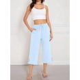 thumbnail image 5 of Women Capris Pants High Waist Drawstring Comfy Casual Pants Casua Loose Trousers Buttons Trim with Pockets Light Blue L, 5 of 9