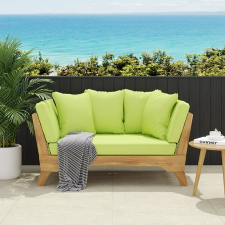 Finleigh Acacia Wood Outdoor Expandable Daybed with Cushions, Teak, Light Green, and Khaki